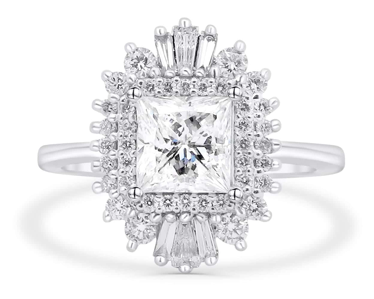 14-karat white gold ballerina engagement ring with a 1.01 carat princess-cut diamond, surrounded by round and baguette-cut natural diamonds, available in Calgary.