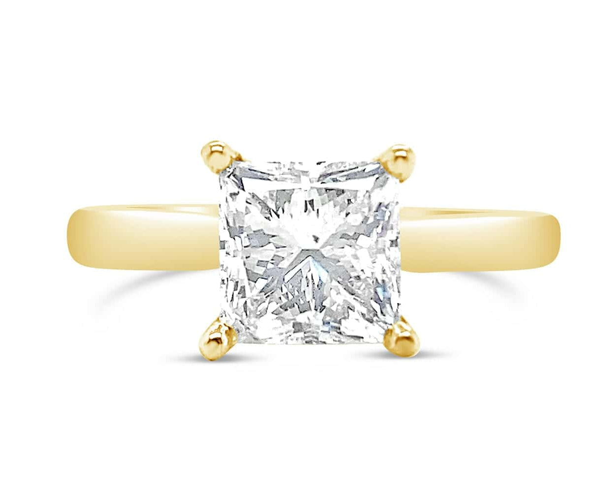 14-karat yellow gold solitaire engagement ring featuring a 2.01 carat H I1 princess-cut diamond, available in Calgary.
