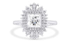 14-karat white gold ballerina engagement ring with a 1.01 carat princess-cut diamond, surrounded by round and baguette-cut natural diamonds, available in Calgary.
