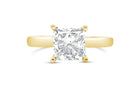 14-karat yellow gold solitaire engagement ring featuring a 2.01 carat H I1 princess-cut diamond, available in Calgary.