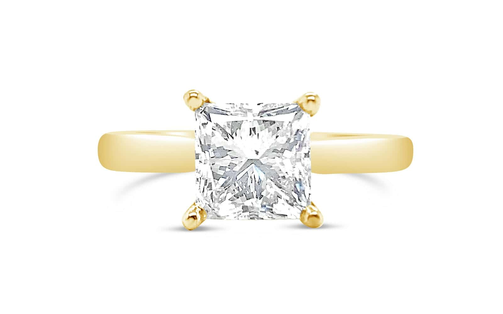 14-karat yellow gold solitaire engagement ring featuring a 2.01 carat H I1 princess-cut diamond, available in Calgary.